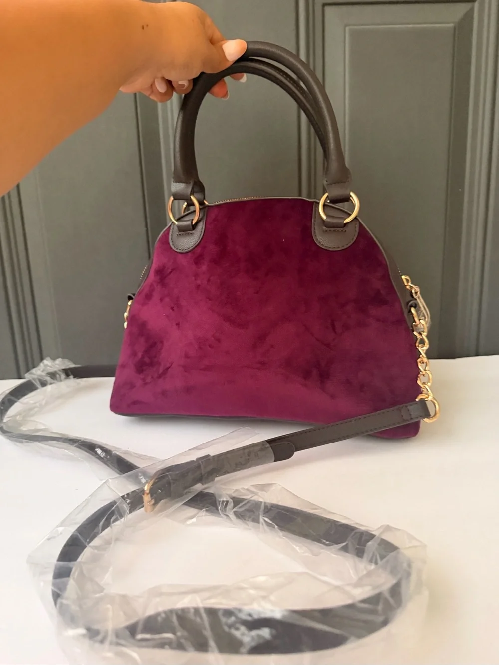 Juicy Couture Plum Velvet Dome Crossbody with brown leather